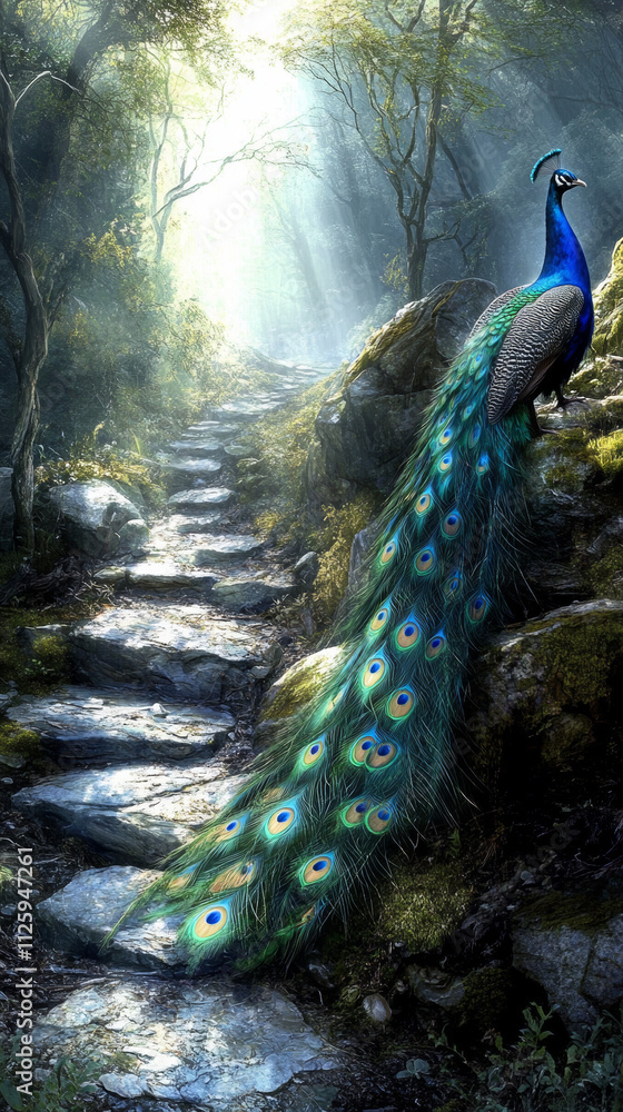 Obraz premium majestic peacock displaying its feathers in serene forest setting