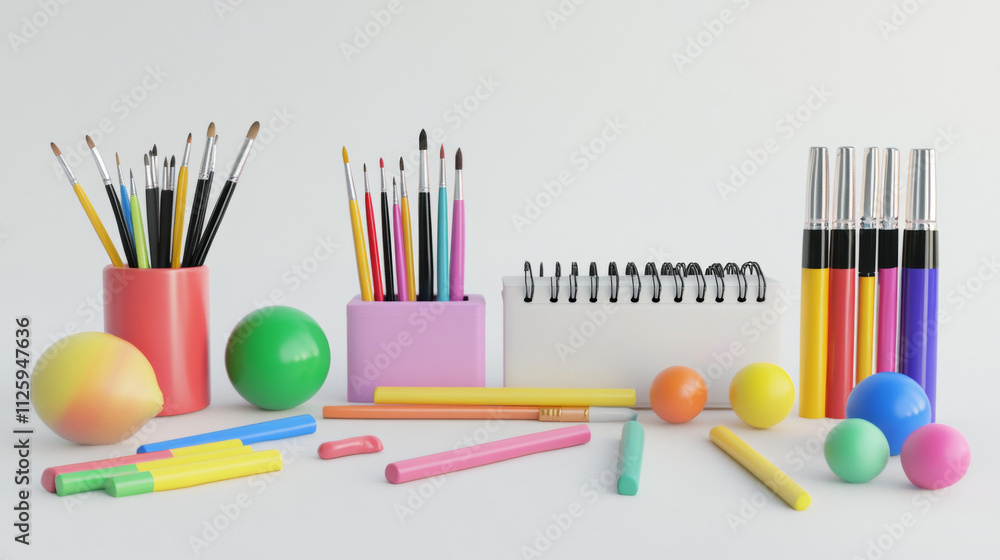 Obraz premium Art supplies, colorful pens, paintbrushes, and sketchbook create vibrant scene