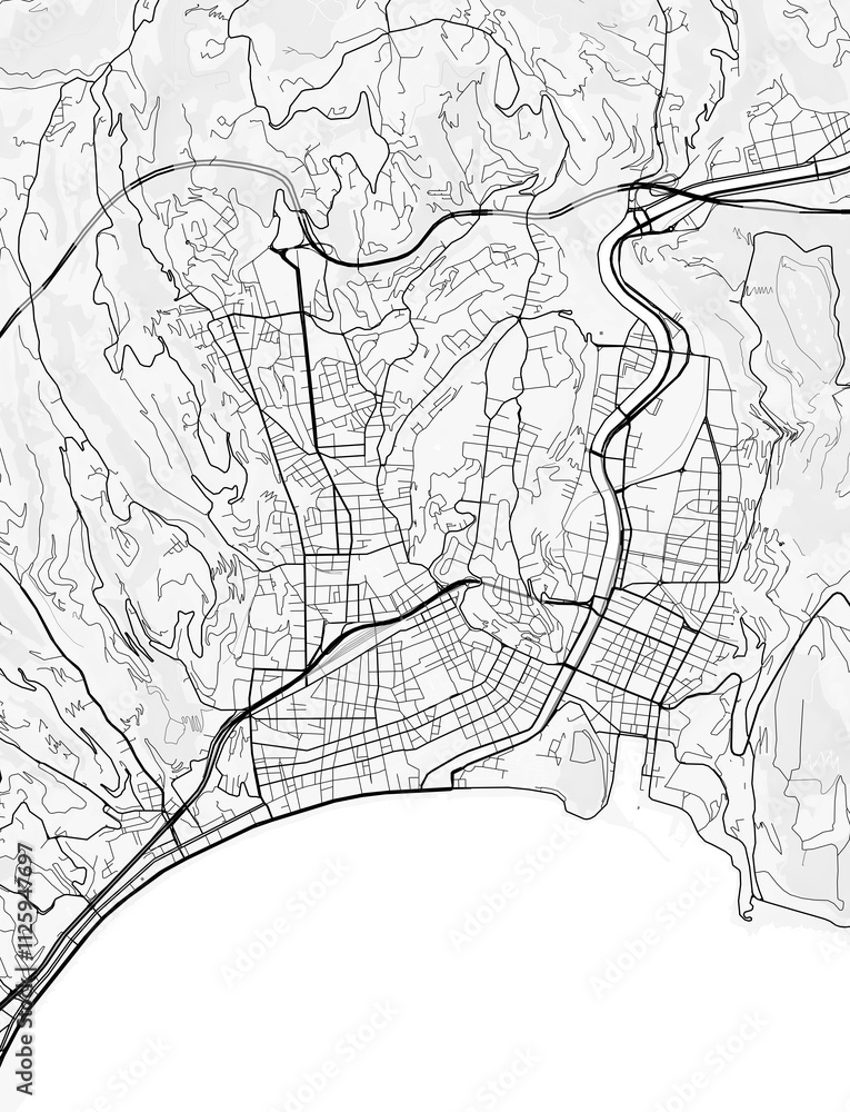 Map of Nice, France. Perfect for posters, printing, wallpaper, and home decor. Maps with monochrome and black and white styles, suitable for those who want to customize Map of Nice, France. Perfect for posters, printing, wallpaper, and home decor. Maps with monochrome and black and white styles, suitable for those who want to customize
