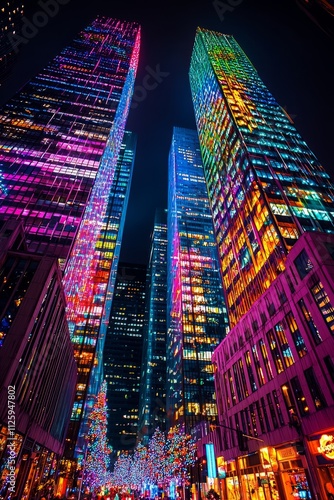 Skyscrapers in the city center adorned with colorful holiday lights. The streets below are crowded with holiday, Generative AI