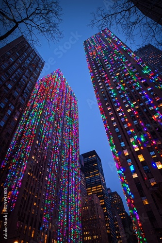 Skyscrapers in the city center adorned with colorful holiday lights. The streets below are crowded with holiday, Generative AI