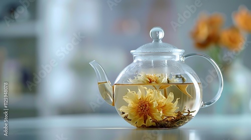 A transparent glass teapot with blooming tea, on a clean white surface.