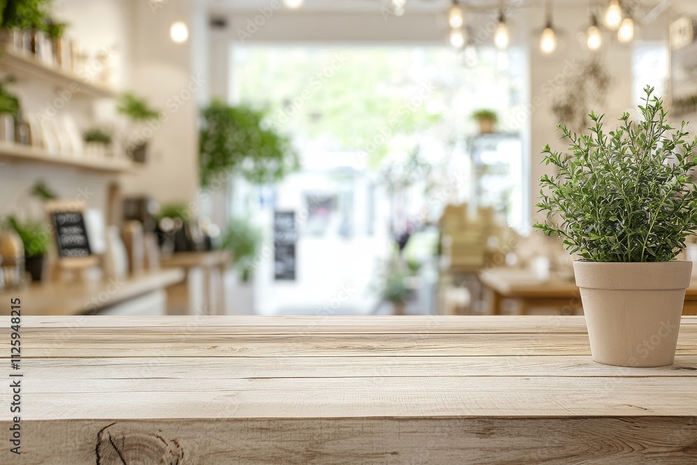 Empty wooden table in a blurred bright cafe background with a small plant. Empty wooden table in a blurred bright cafe background with a small plant.