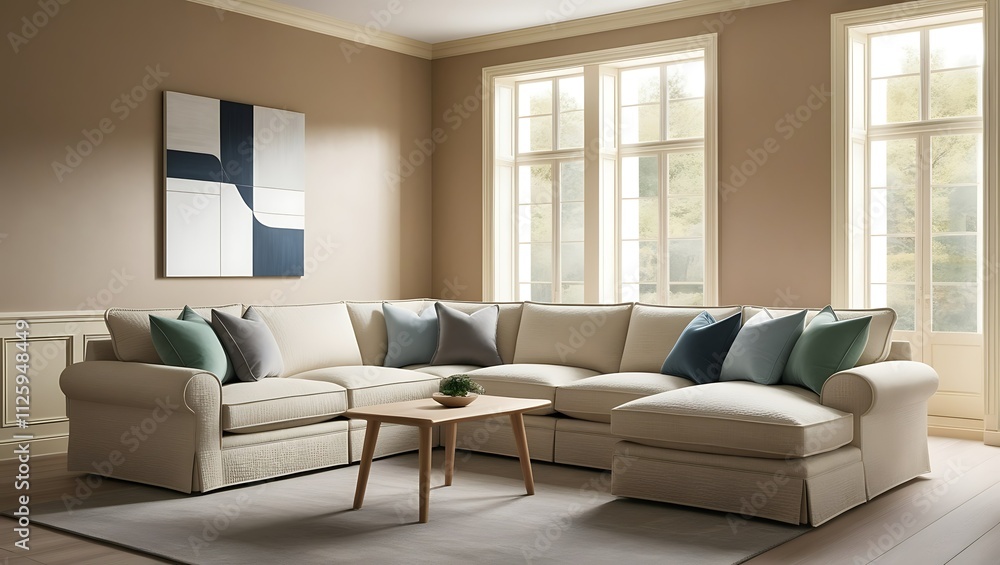 Beige sectional sofa in a modern living room with large windows and abstract art. Beige sectional sofa in a modern living room with large windows and abstract art.