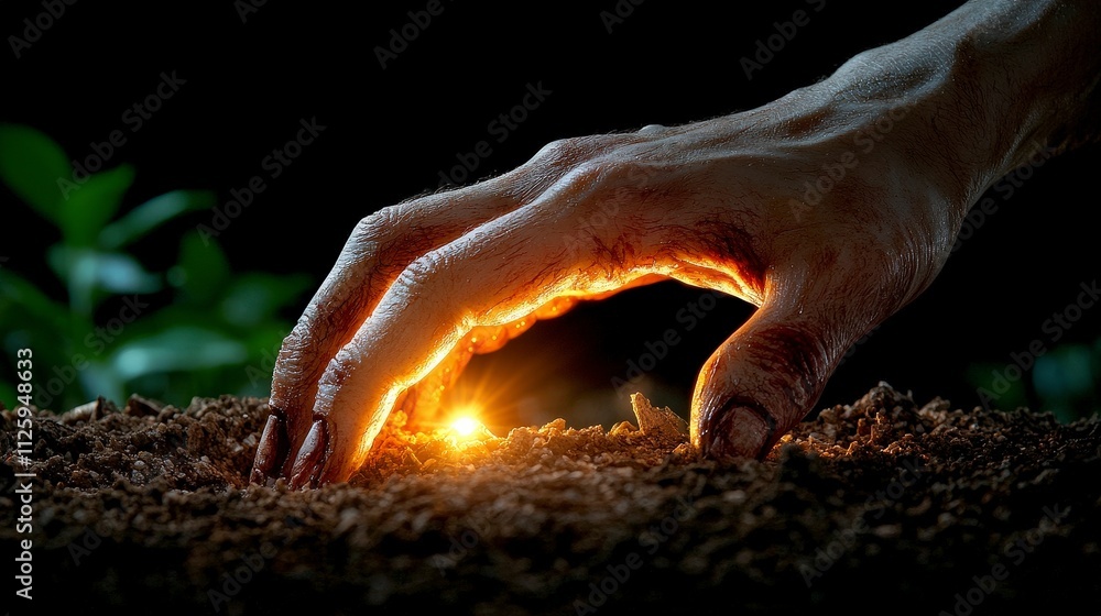 Mystical Hand Planting Seed Night Soil Glowing Earth Dark Fantasy Horror Halloween Mystical Hand Planting Seed Night Soil Glowing Earth Dark Fantasy Horror Halloween