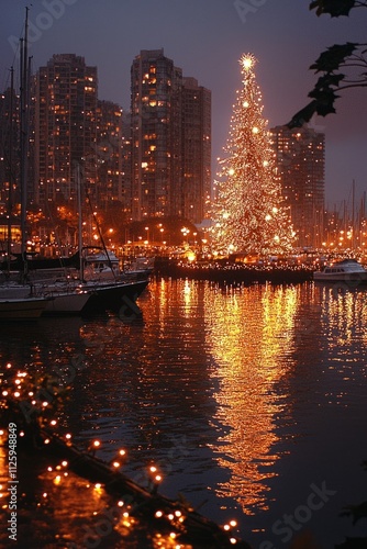 The city harbor decorated with holiday lights and a giant Christmas tree. Boats are docked nearby, also adorn, Generative AI