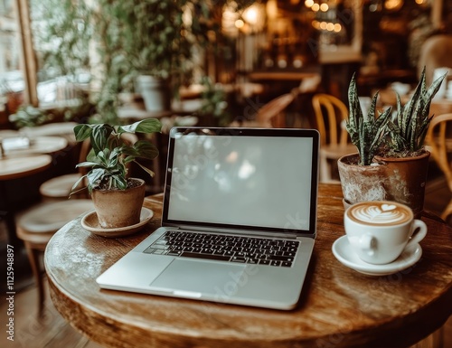 Laptop with blank screen, latte, and plants on a cafe table.