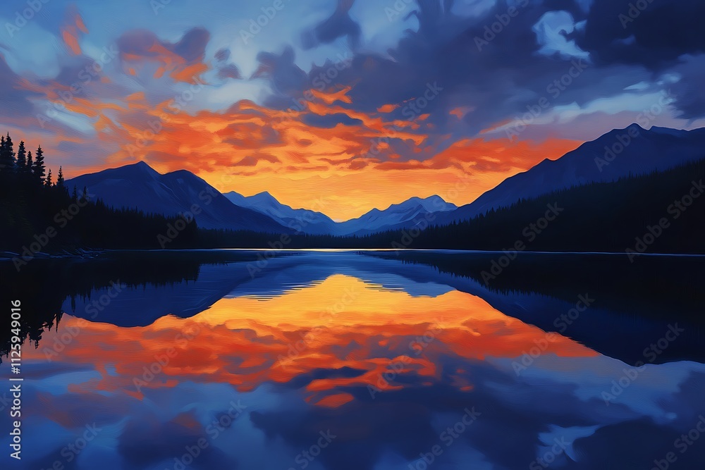 A serene landscape featuring a lake reflecting a vibrant sunset over mountains. A serene landscape featuring a lake reflecting a vibrant sunset over mountains.
