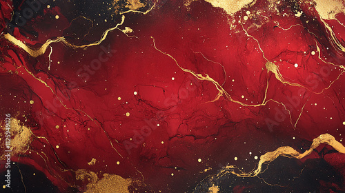 Abstract red marble texture with luxurious gold splashes