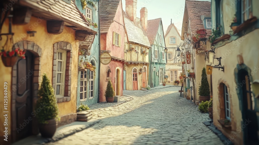 Obraz premium Tranquil setting of a quaint village exploring cobblestones and vibrant buildings in soft focus
