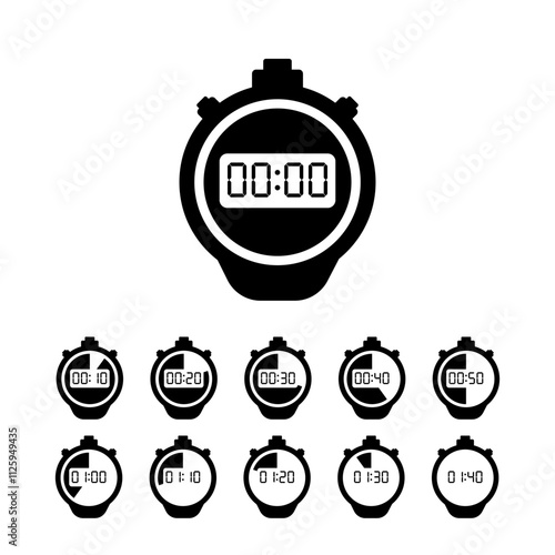 Digital Stopwatch icon set flat style black vector isolated on white background.