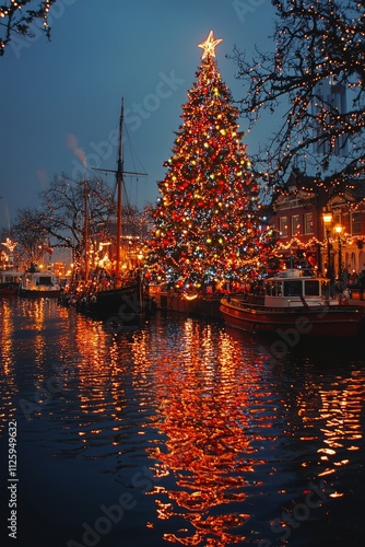 The city harbor decorated with holiday lights and a giant Christmas tree. Boats are docked nearby, also adorn, Generative AI