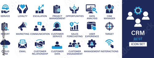 Customer relationship management best solid icon set collection. Service, loyalty, escalation, project management, opportunities, data analysis, manager, report, marketing, and vector illustration.