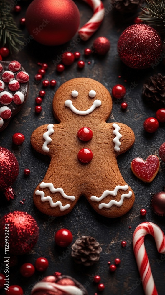 Fototapeta premium Festive gingerbread man delights amidst a cheerful collection of colorful candy canes and holiday decorations