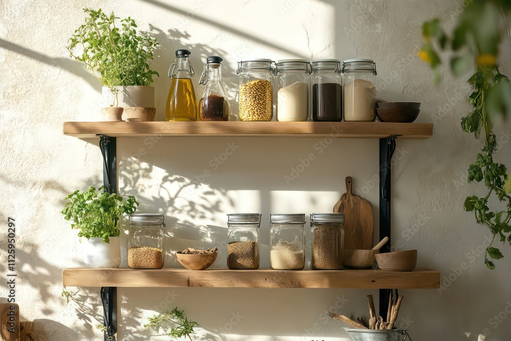 A kitchen shelf with jars of organic spices, olive oil, and organic grains, showcasing an eco-friendly and healthy way of living. A kitchen shelf with jars of organic spices, olive oil, and organic grains, showcasing an eco-friendly and healthy way of living.