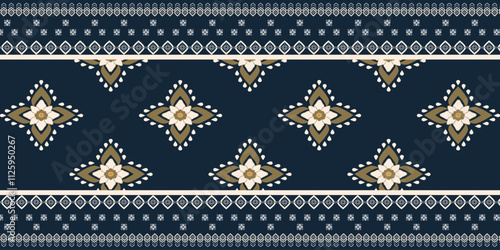 A seamless knitted fabric design with winter patterns and geometric snowflakes