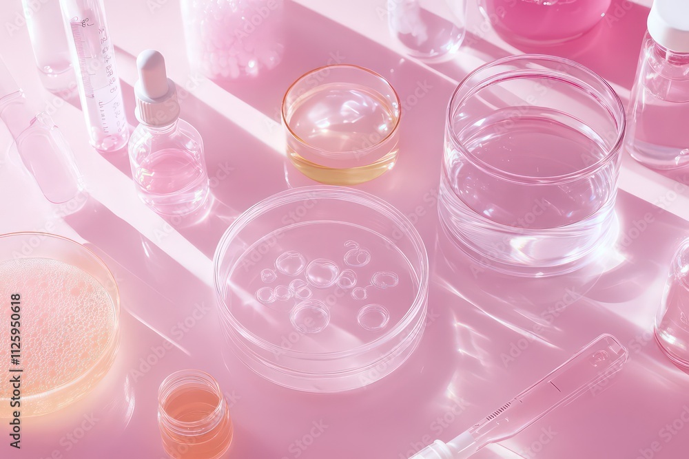 A laboratory scene where researchers are testing stem cell extracts and collagen peptides, with petri dishes, test tubes, and skincare ingredients visible. A laboratory scene where researchers are testing stem cell extracts and collagen peptides, with petri dishes, test tubes, and skincare ingredients visible.