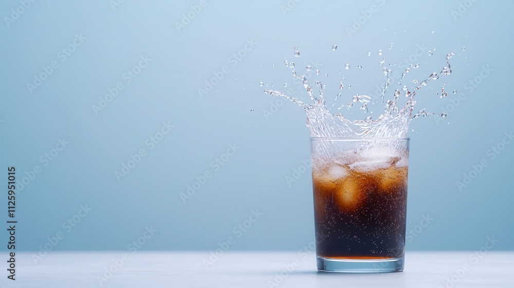 A refreshing glass of cola with ice splashing in, set against a soft blue background. A refreshing glass of cola with ice splashing in, set against a soft blue background.