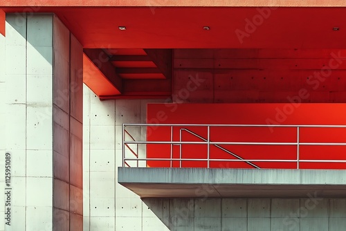 A modern architectural structure featuring bold red accents and concrete elements. photo