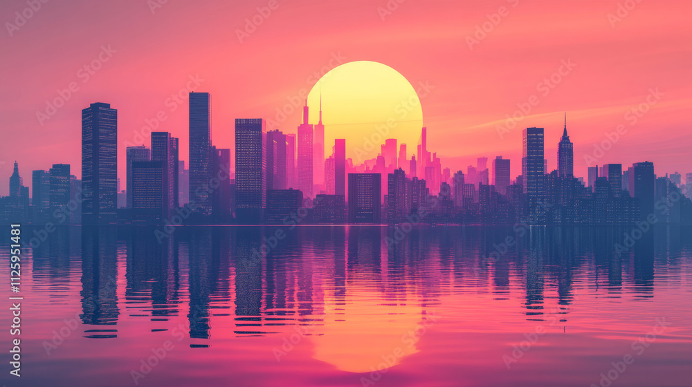 Fototapeta premium stunning futuristic city skyline at sunset, reflecting on water