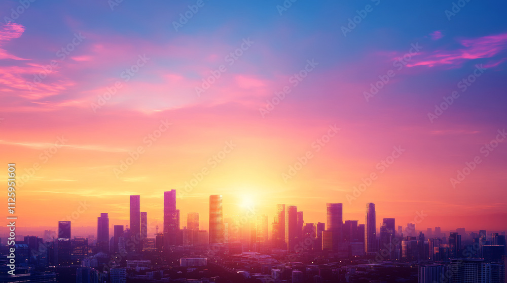 Fototapeta premium stunning futuristic city skyline at sunset, showcasing vibrant colors and modern architecture