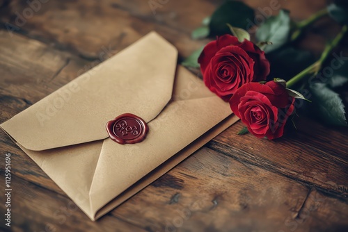 A love letter in an envelope with a wax seal, accompanied by a small bouquet of fresh roses, resting on a vintage wooden desk. photo