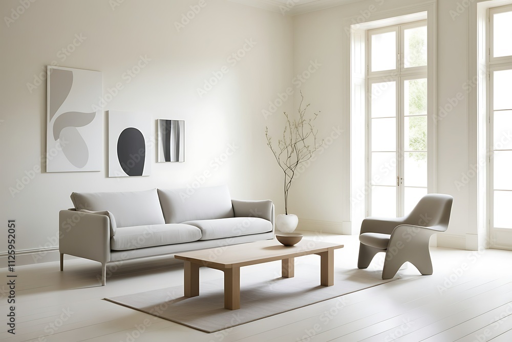Minimalist white living room with sofa, armchair, and natural light. Minimalist white living room with sofa, armchair, and natural light.