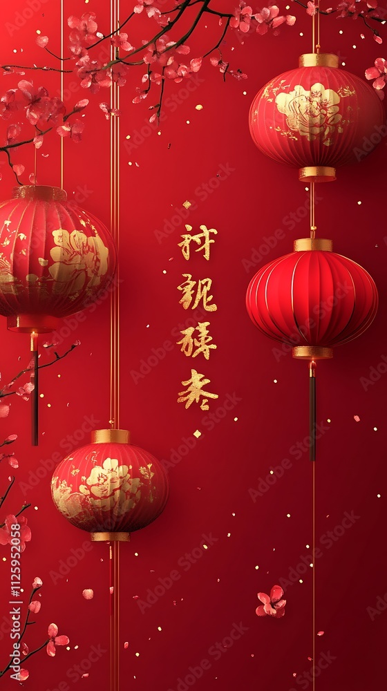 Red lanterns, plum blossoms, and Chinese characters for Lunar New Year. Red lanterns, plum blossoms, and Chinese characters for Lunar New Year.