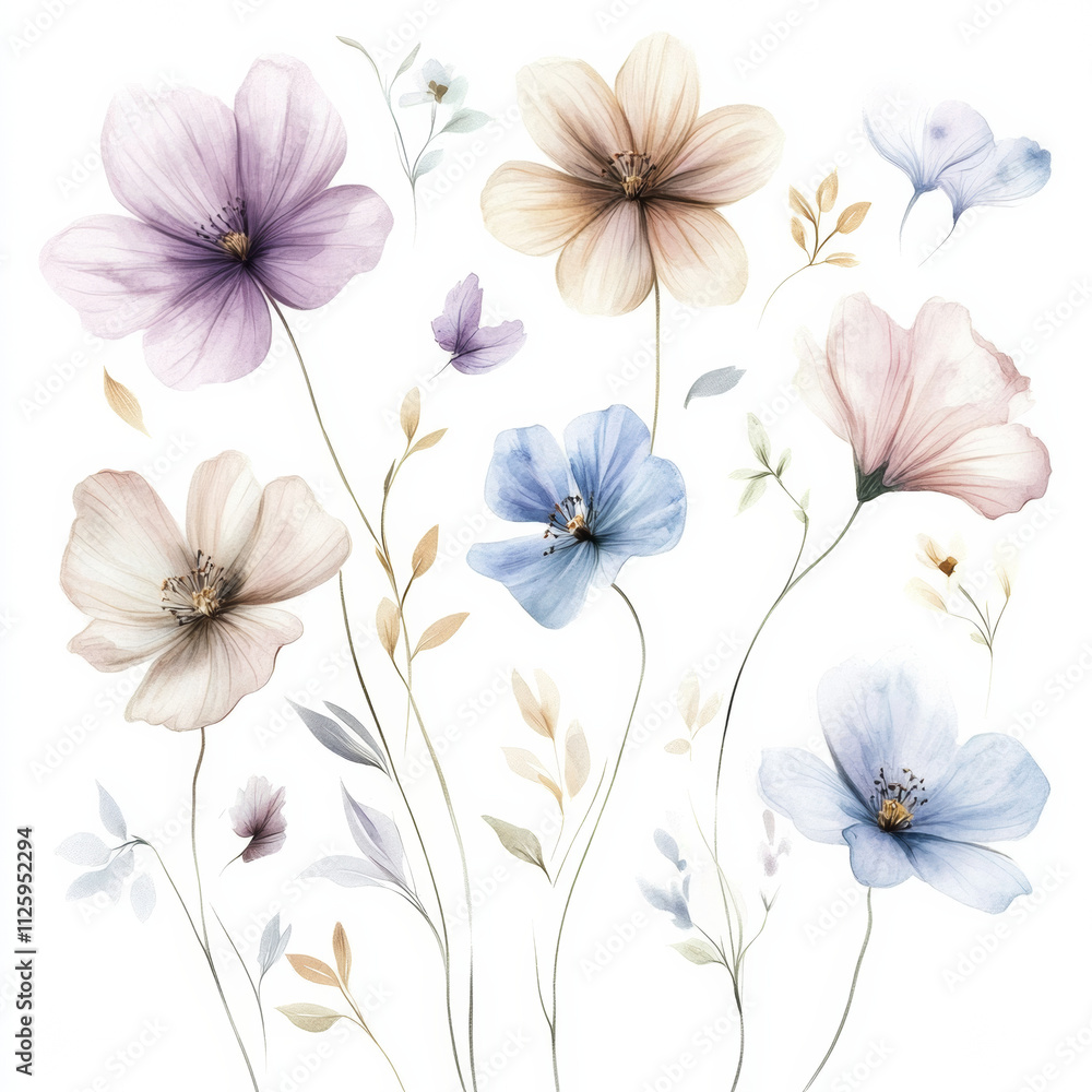 Elegant pastel watercolor flowers arranged beautifully, creating serene atmosphere Elegant pastel watercolor flowers arranged beautifully, creating serene atmosphere