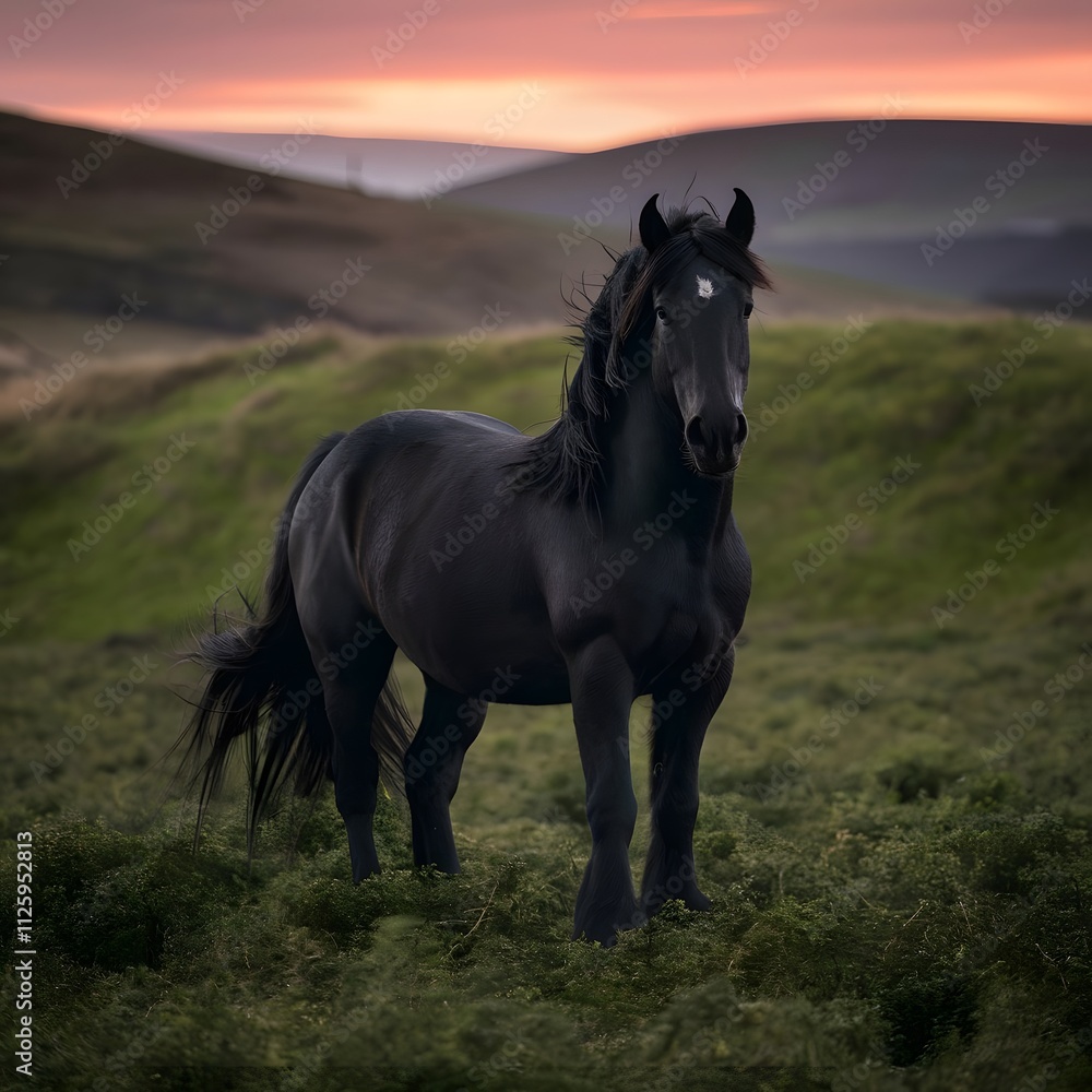 Black horse standing on a grassy hill Black horse standing on a grassy hill