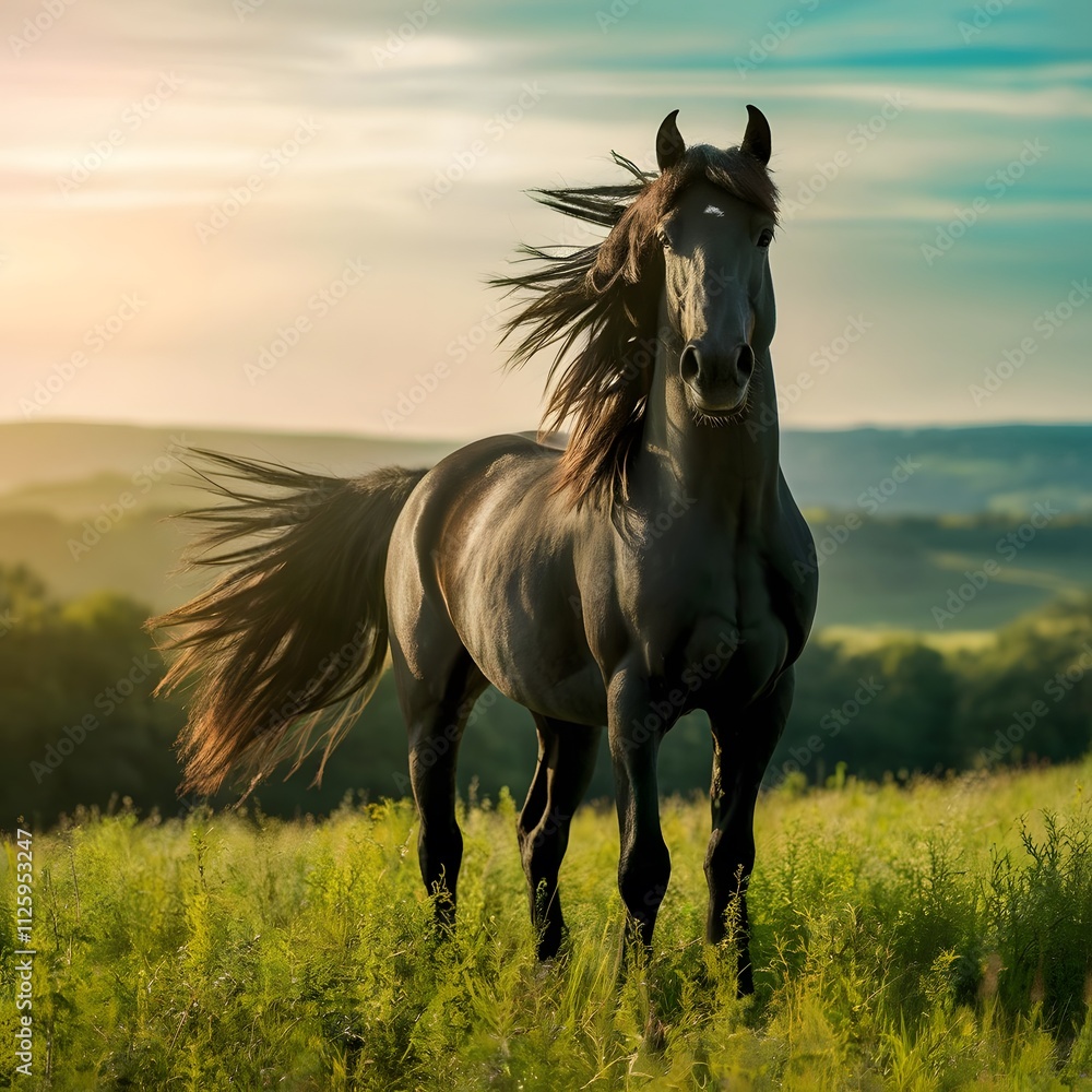 Fototapeta premium Black horse standing on a grassy hill