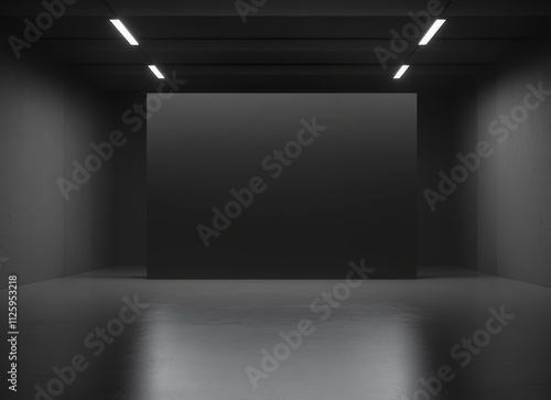 Dark empty room with minimalist design, featuring a large blank wall and subtle lighting.
