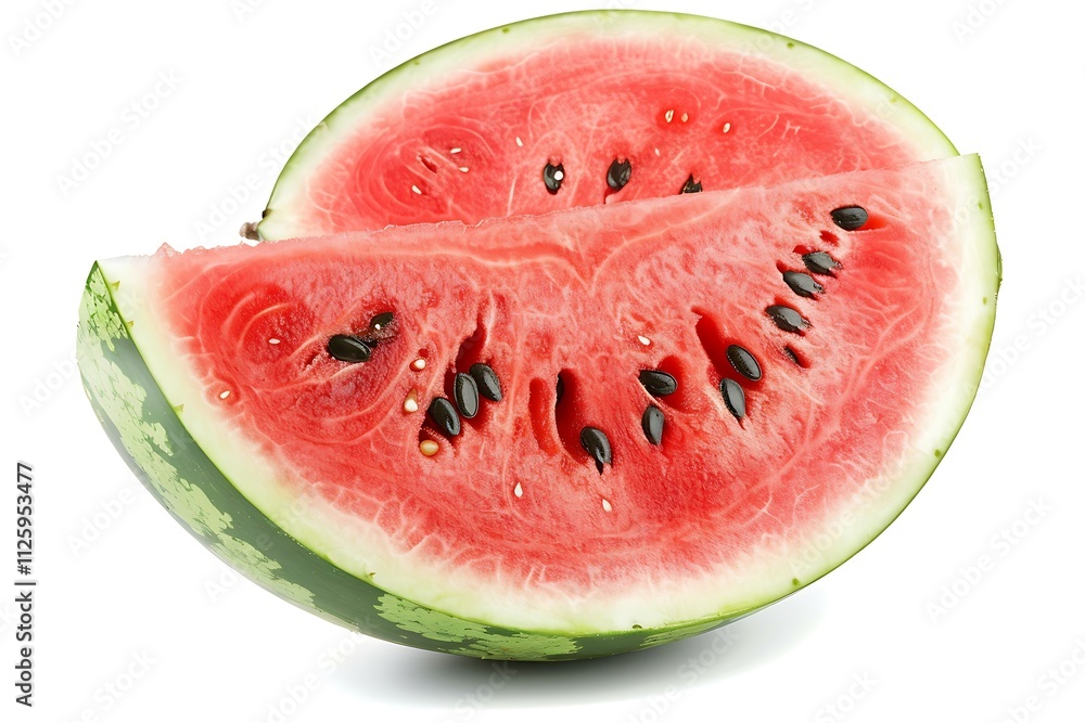 Juicy watermelon slices with seeds on a white background. Perfect for summer and fruit themed designs or food blog content Juicy watermelon slices with seeds on a white background. Perfect for summer and fruit themed designs or food blog content