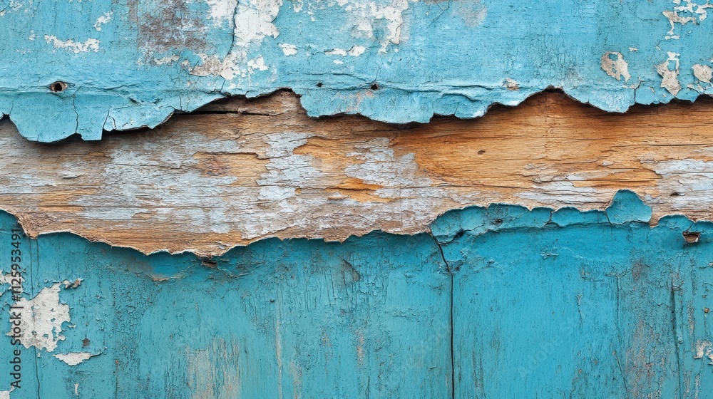 Obraz premium Peeling blue paint reveals aged wood; texture shows decay and time's passage. Ideal for rustic, vintage, or distressed design projects.