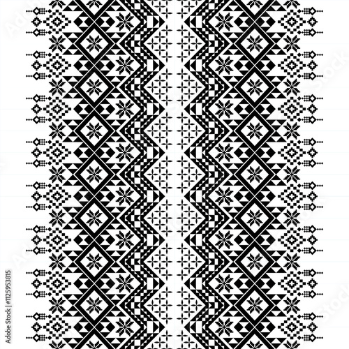 A striking black and white geometric pattern inspired by traditional ethnic art. The design features a repeating motif of diamonds, squares, and triangles, creating a bold and graphic look. 