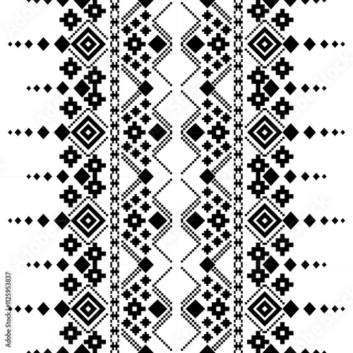 A striking black and white geometric pattern inspired by traditional ethnic art. The design features a repeating motif of diamonds, squares, and crosses, creating a bold and graphic look. 