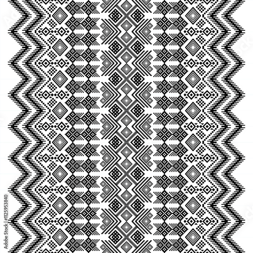 A striking black and white geometric pattern inspired by traditional ethnic art. The design features a repeating motif of diamonds, squares, and crosses, creating a bold and graphic look.