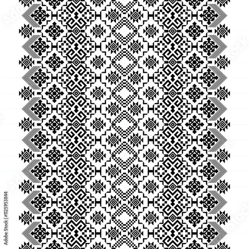 A striking black and white geometric pattern inspired by traditional ethnic art. The design features a repeating motif of diamonds, squares, and crosses, creating a bold and graphic look.
