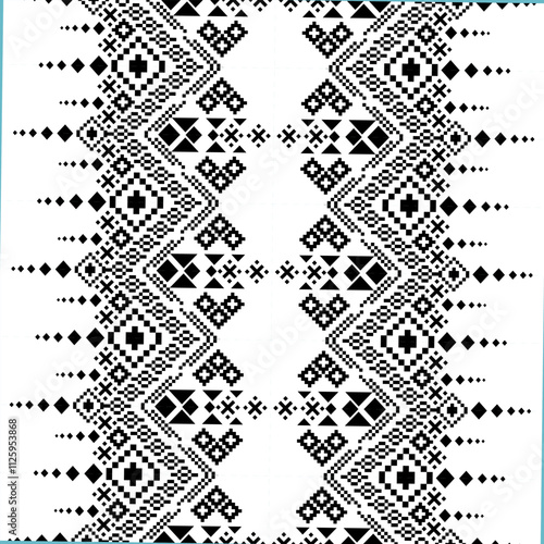 A striking black and white geometric pattern inspired by traditional ethnic art. The design features a repeating motif of diamonds, squares, and crosses, creating a bold and graphic look. 