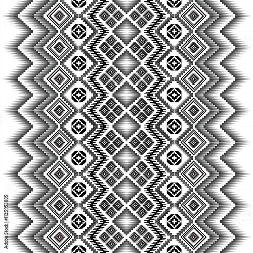 A striking black and white geometric pattern inspired by traditional ethnic art. The design features a repeating motif of diamonds, squares, and zigzags, creating a bold and graphic look. 