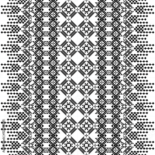 A striking black and white geometric pattern inspired by traditional ethnic art. The design features a repeating motif of diamonds, squares, and crosses, creating a bold and graphic look.