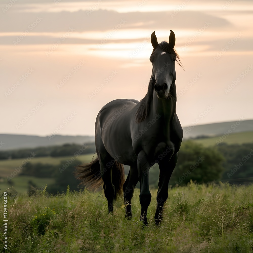 Fototapeta premium Black horse standing on a grassy hill