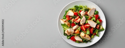 Grilled chicken salad with tomatoes and lettuce on a white plate.