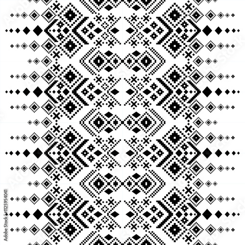 A striking black and white geometric pattern inspired by traditional ethnic art. The design features a repeating motif of diamonds, squares, and zigzags, creating a bold and graphic look. 