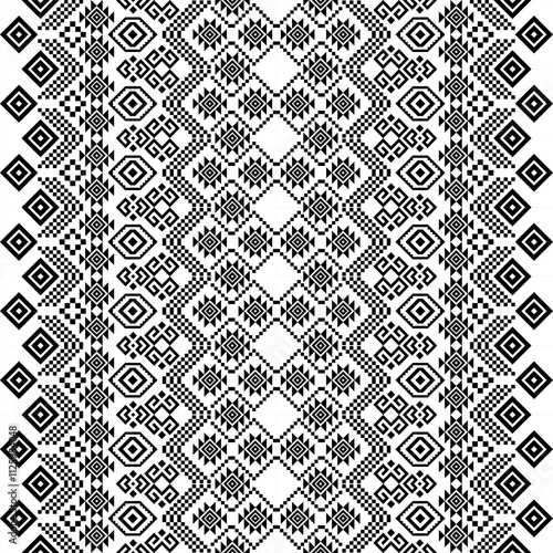A striking black and white geometric pattern inspired by traditional ethnic art. The design features a repeating motif of diamonds, squares, and triangles, creating a bold and graphic look. 