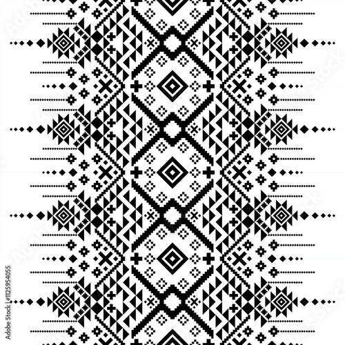 A striking black and white geometric pattern inspired by traditional ethnic art. The design features a repeating motif of diamonds, squares, and zigzags, creating a bold and graphic look. 
