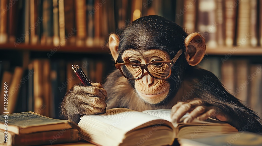 A clever monkey wearing glasses, studying intently while writing in a book surrounded by shelves of literature. A clever monkey wearing glasses, studying intently while writing in a book surrounded by shelves of literature.