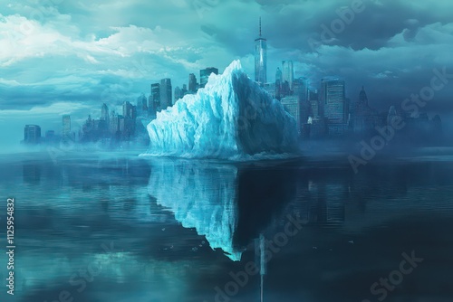 A melting iceberg floating in a sea of rising waters, with a city skyline in the distance, reflecting the devastating effects of climate change. photo