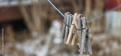 cloth pins on a cloth line in winter