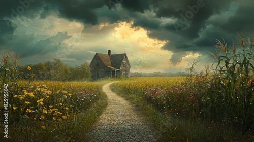 Journey down a gravel path to an old farmhouse surrounded by fields of corn and wildflowers under an ominous sky photo